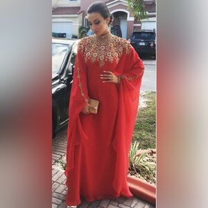 Georgette bright red gold beaded kaftan